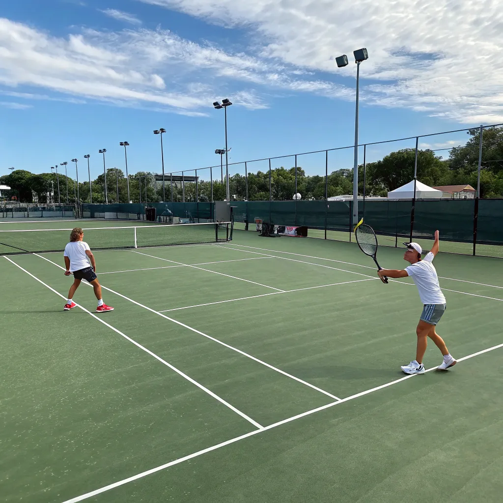 Tennis court with players training