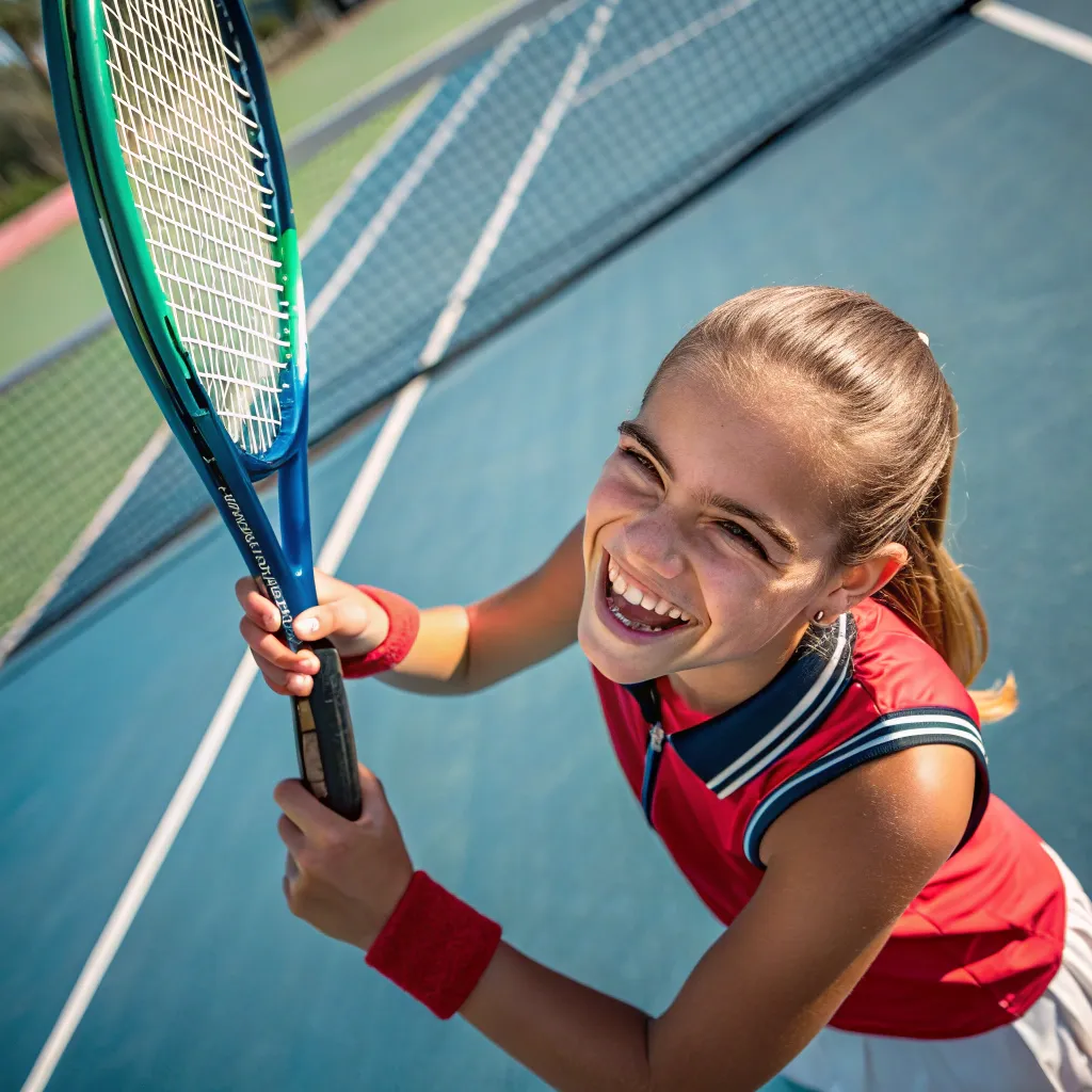 Smiling tennis student holding a racket